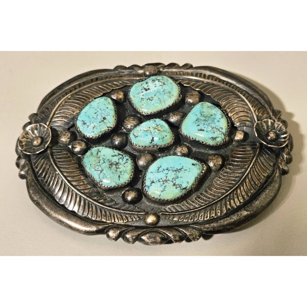 M. Chee SIGNED Navajo 925 Sterling & MINT TURQUOISE Vintage BELT BUCKLE 91+grams